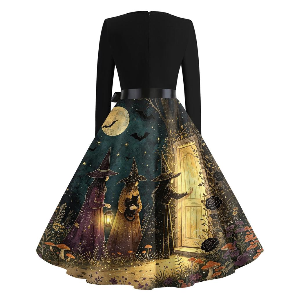 Women's V-Neck Long Sleeve Vintage Halloween Print Dress for Casual Everyday Wear