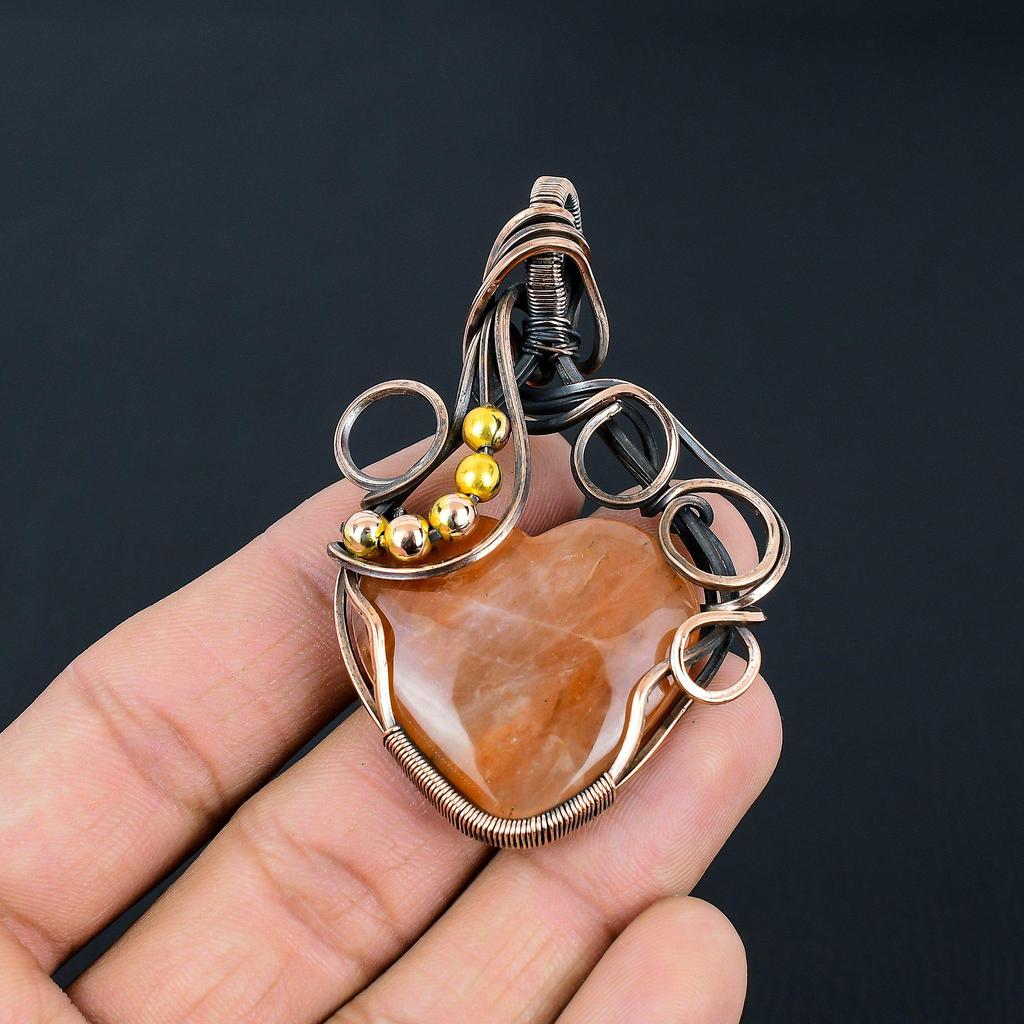 Amazing Sunstone Gemstone Handmade Pure Copper Wire Wrapped Pendant Jewelry