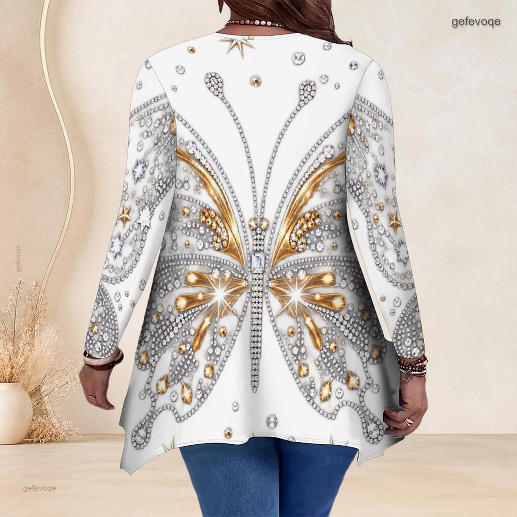 Women Plus Size V Neck Long Sleeve Colorful Galaxy Printed Asymmetric Hem Tunic Top