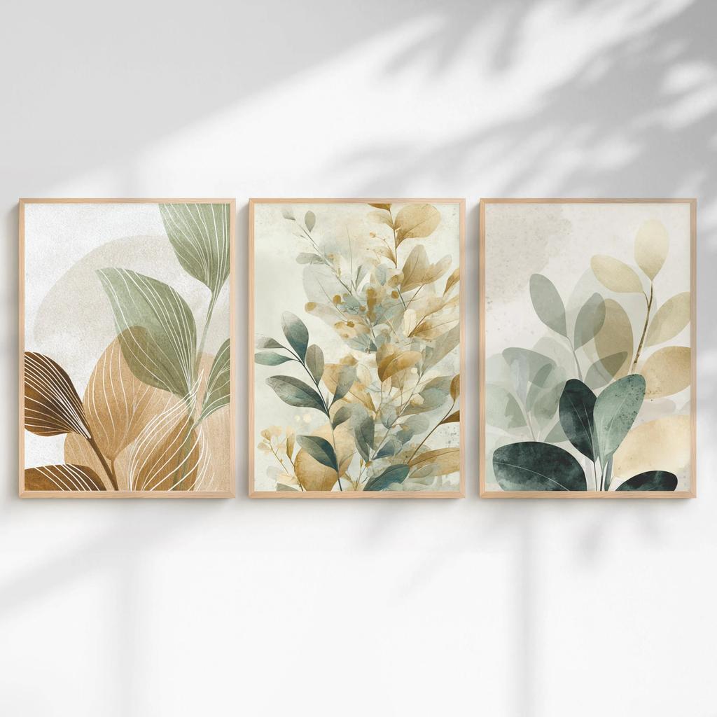3 Pezzi Arte Murale Botanica Neutra, Stampe su Tela ad Acquerello Foglia di Eucalipto Verde Salvia, Poster di Arte Murale Piante Boho Japandi Sfumato