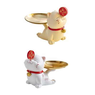 Cat Statue with Storage Tray Resin Figurine Key Holder Candy Dish Creative Desk Organizer Jewelry Trinket Tray Key Storage Tray