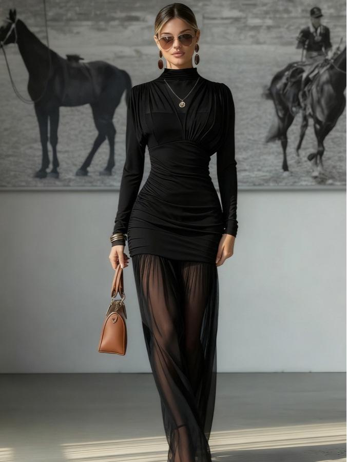 Autumn 2025 European & American Style Long Sleeve Slim Fit Patchwork Chiffon Dress