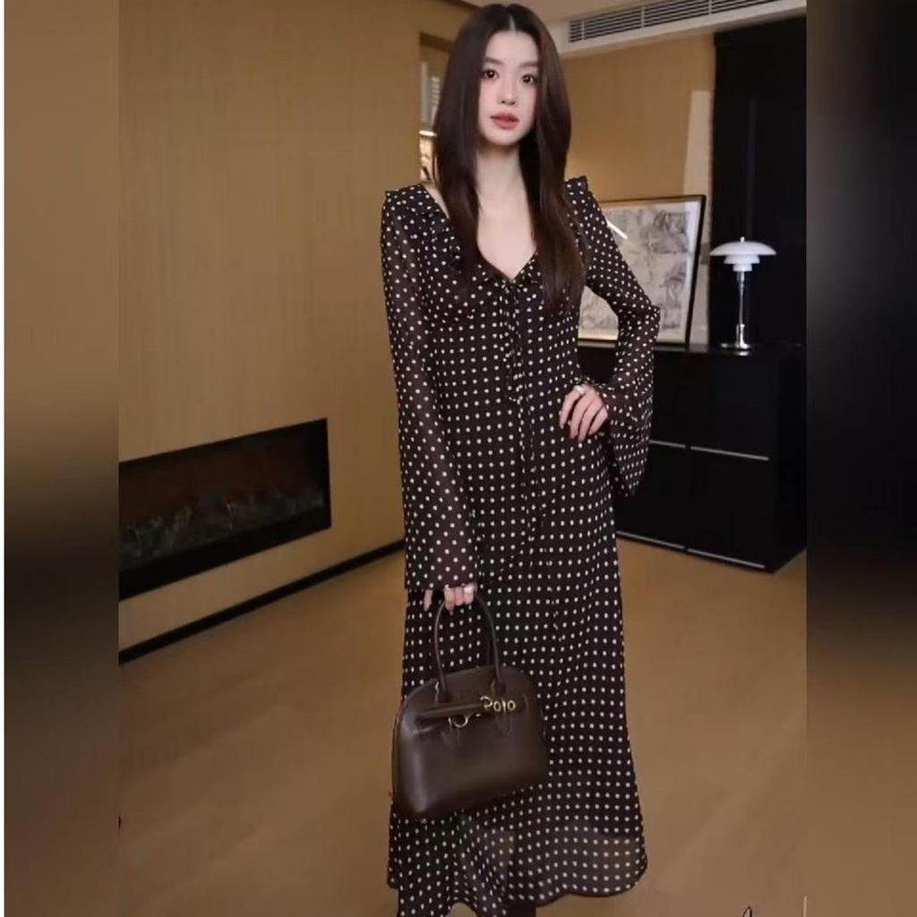 Women's Early Spring French Style Polka Dot Long Sleeve Flare Dress