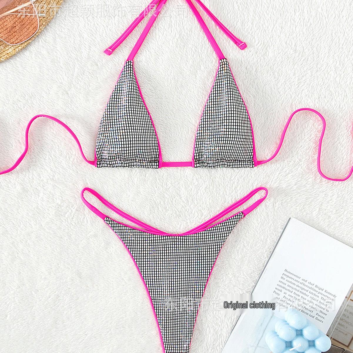 

2023 Европейский и американский цветной блок Сексуальный купальник бикини микро-треугольник без спинки на шнуровке Small розы красного