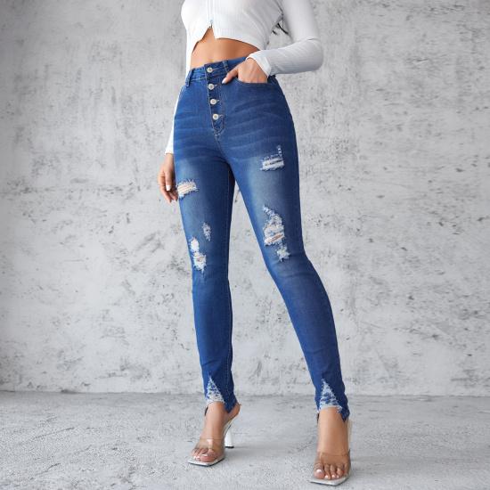 2024 Spring Edition Slim Fit Blue Breasted Small Leg Pants Pencil Pants European And American High Waisted Tight Jeans For Women