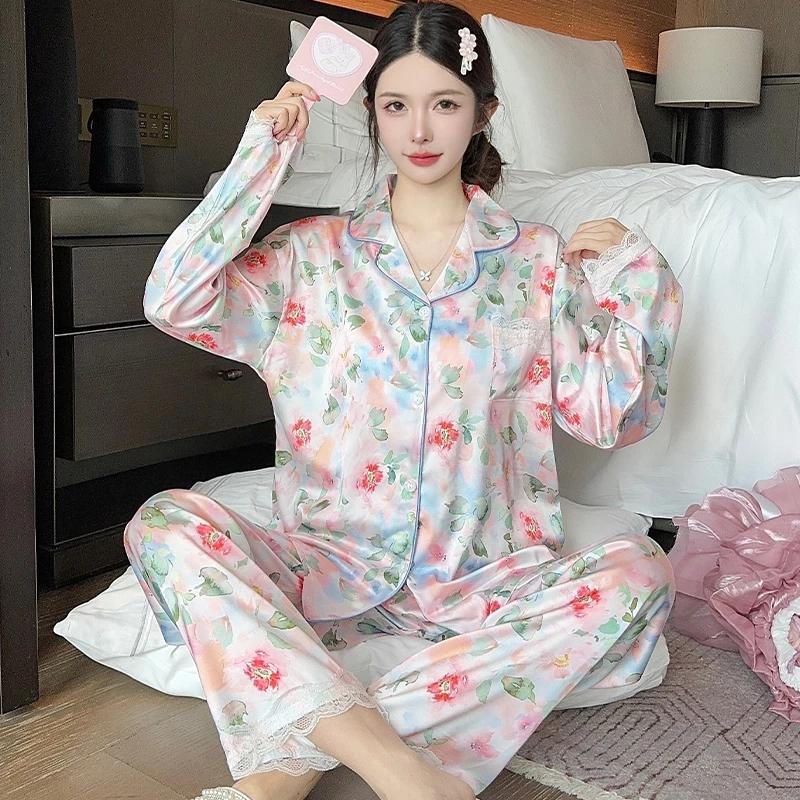 Chinese Style Romantic Art Flower Print Women's Pajamas Elegant Fashion Trend Casual Sleepwear Autumn Lady Homewear