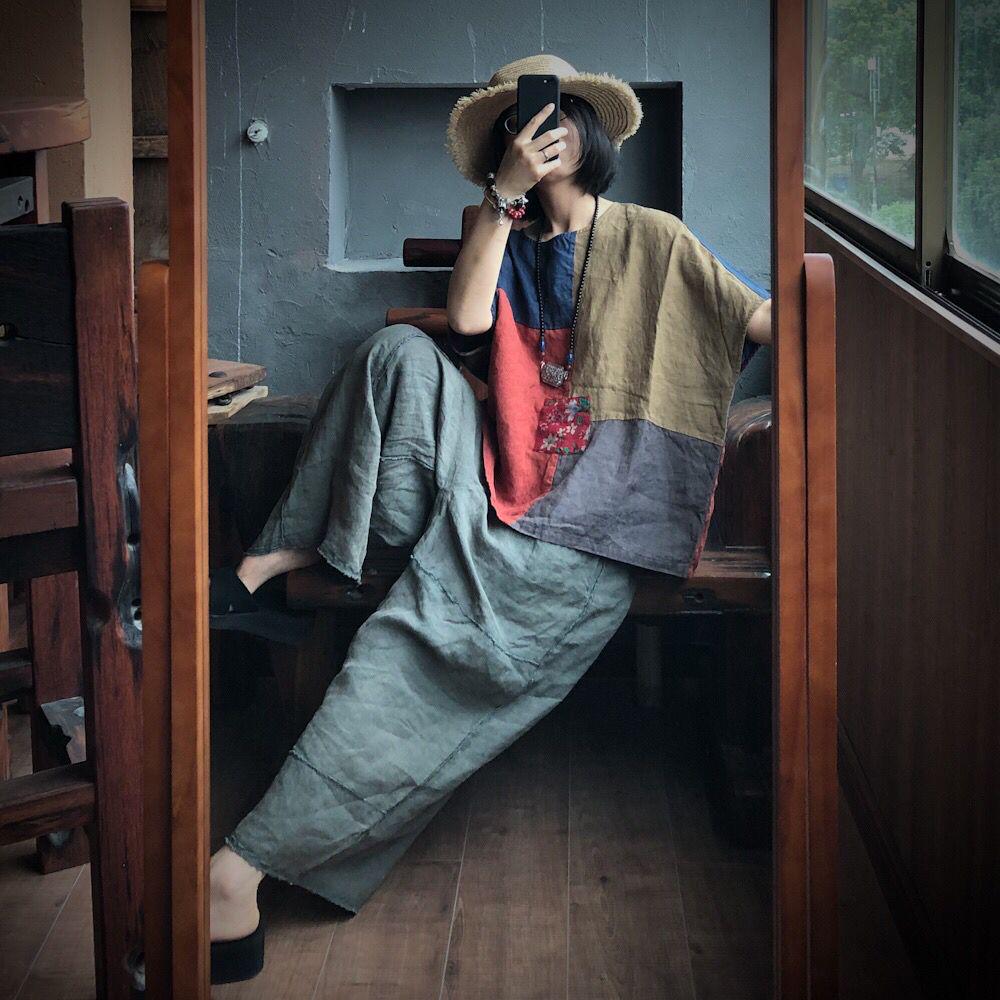 Ancient Mud Patchwork Loose Linen Top - Women's Plus Size Artistic Black & White Plaid Shirt