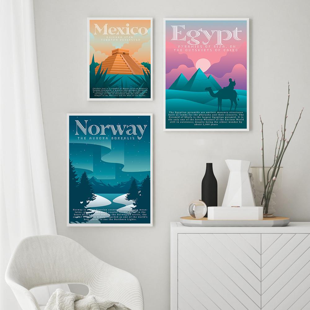 Colourful Retro Travel Posters Nordic Landscape Famous City Canvas Prints Egypt Paris Mexio Fiji Norway Mural Picture Home Decor