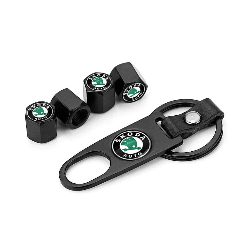 CXUX8 Car Wheel Tire Valve Stems Cap With Keychain Keyring Badge For Skoda A2 Octavia Superb Rapid Kodiaq Karoq Fabia Kamiq Roomster