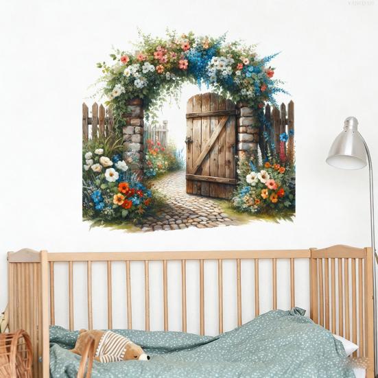 Flowers Fairy Door Wall Sticker Removable Garden Gate Path Decals Peel And Stick Art Mural for Baby Nursery Bedroom Living Room Decor