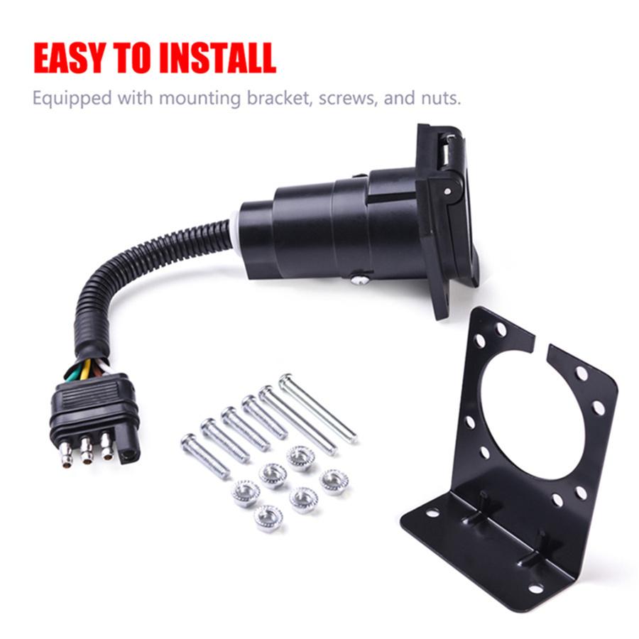 4-Way Flat To 7 Pin Trailer Plug Adapter Power Connector + Bracket for RV Camper