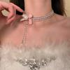 Tassel Pearls Rhinestone Choker Silver Shiny Neck Jewelry Personalized Bow Beads Necklace  Bride