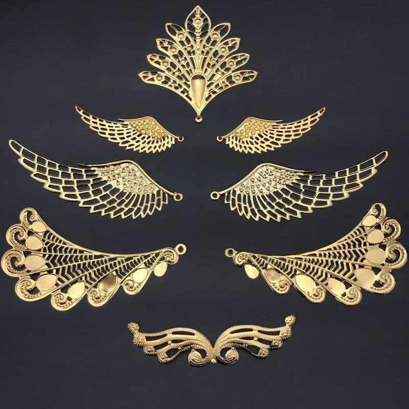 10 pieces of gold wings, metal pieces, phoenix feather wings, flower pieces, antique style DIY accessories, phoenix crown headwe