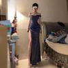Promi-Party-Abendkleid High-End blau funkelnd One-Shoulder-Kleid Temperament sexy Schlitz Geburtstagskleid