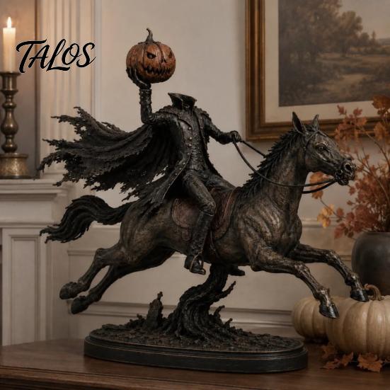 Halloween Atmosphere Prop Knight on Horseback with Luminous Pumpkin Head Resin Figurine, Decorative Gaming Room Shelf Accessory Lighted Horse