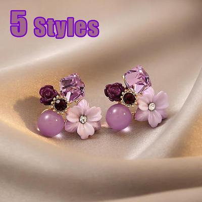 Orecchini a bottone con fiore in cristallo viola per donna Gioielli di moda coreana Festa di nozze Ragazza Eleganza Set Accessori