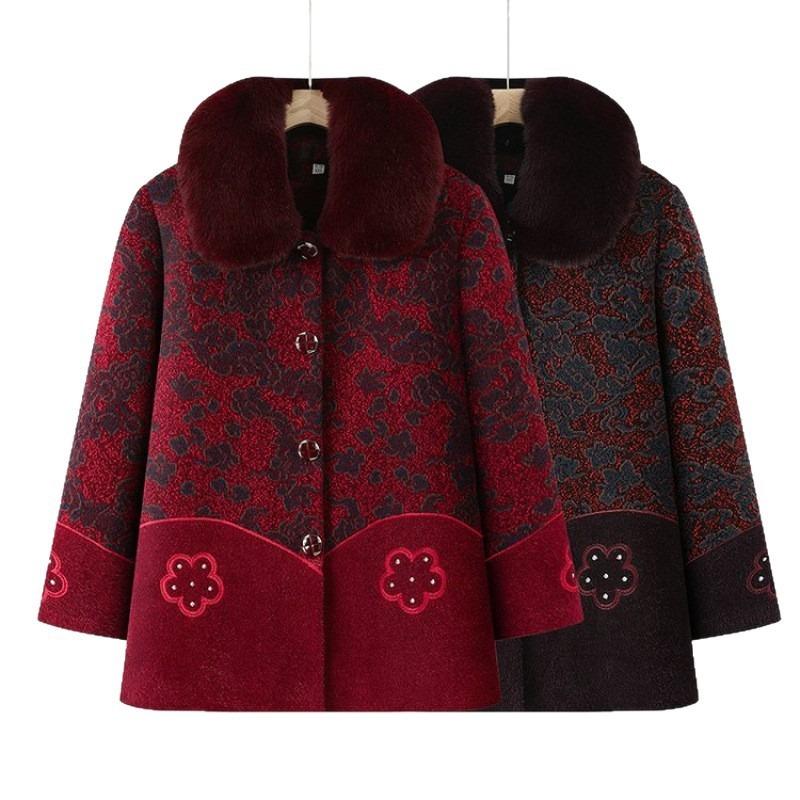 Elderly Autumn and Winter Women's Coat Mother Medium and Long Fur Collar Warm Mink Fleece Top Grandma Fleece Thickened Coat