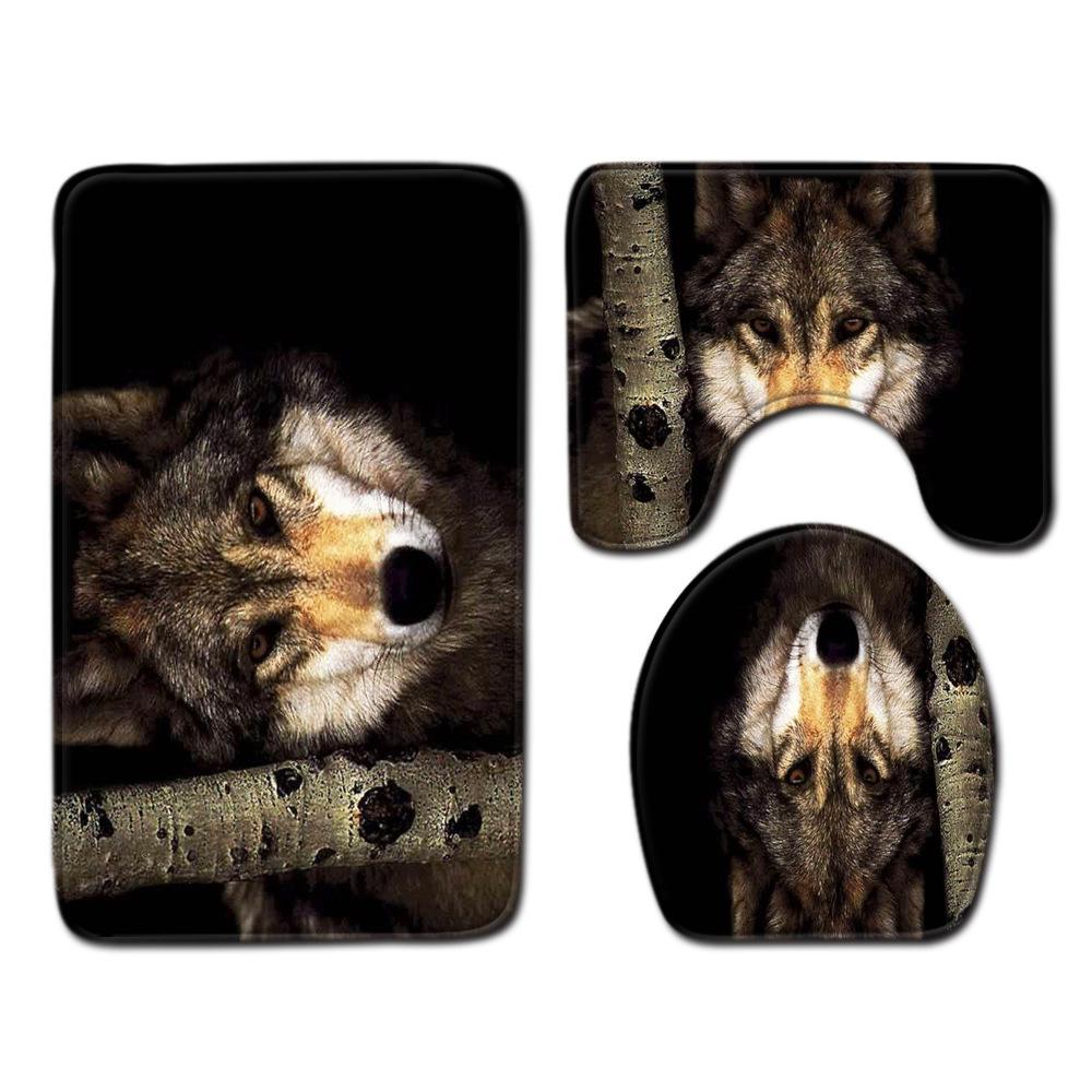 Wolf Badezimmer Toilette Dreiteilig Bodenmatte Fußmatte Badezimmerteppich