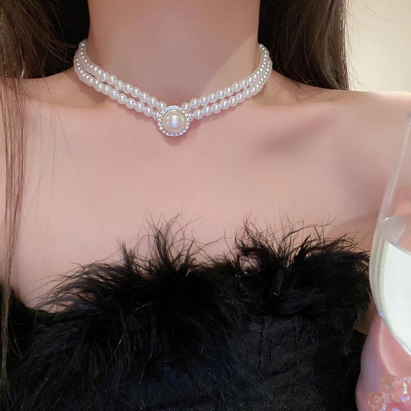 French Long Stacked Colored Pearl Necklace, Simple Temperament Collarbone Chain, Retro Necklace for Women