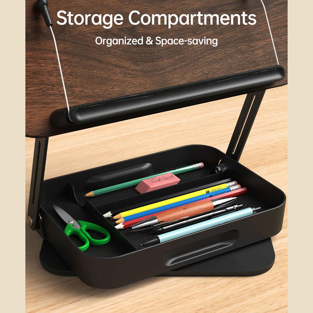 Desktop Book Stand for Reading with Rotate Base Wooden Panel Page Clips Storage Compartments Foldable and Angle