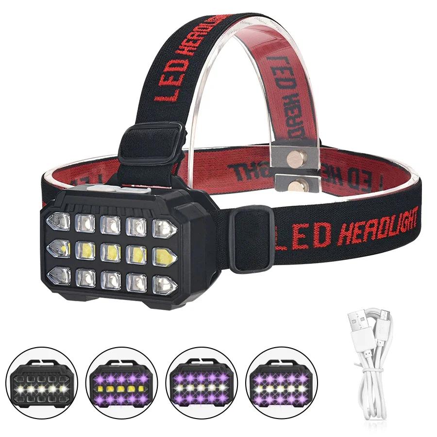 Yuqori quvvatli XHP40 5LED UV nuri bilan bosh chiroq, ikkilamchi yorug'lik manbai, o'rnatilgan akkumulyator, USB orqali zaryadlanadigan, favqulodda vaziyatlar uchun tekshirish bosh chirog'i