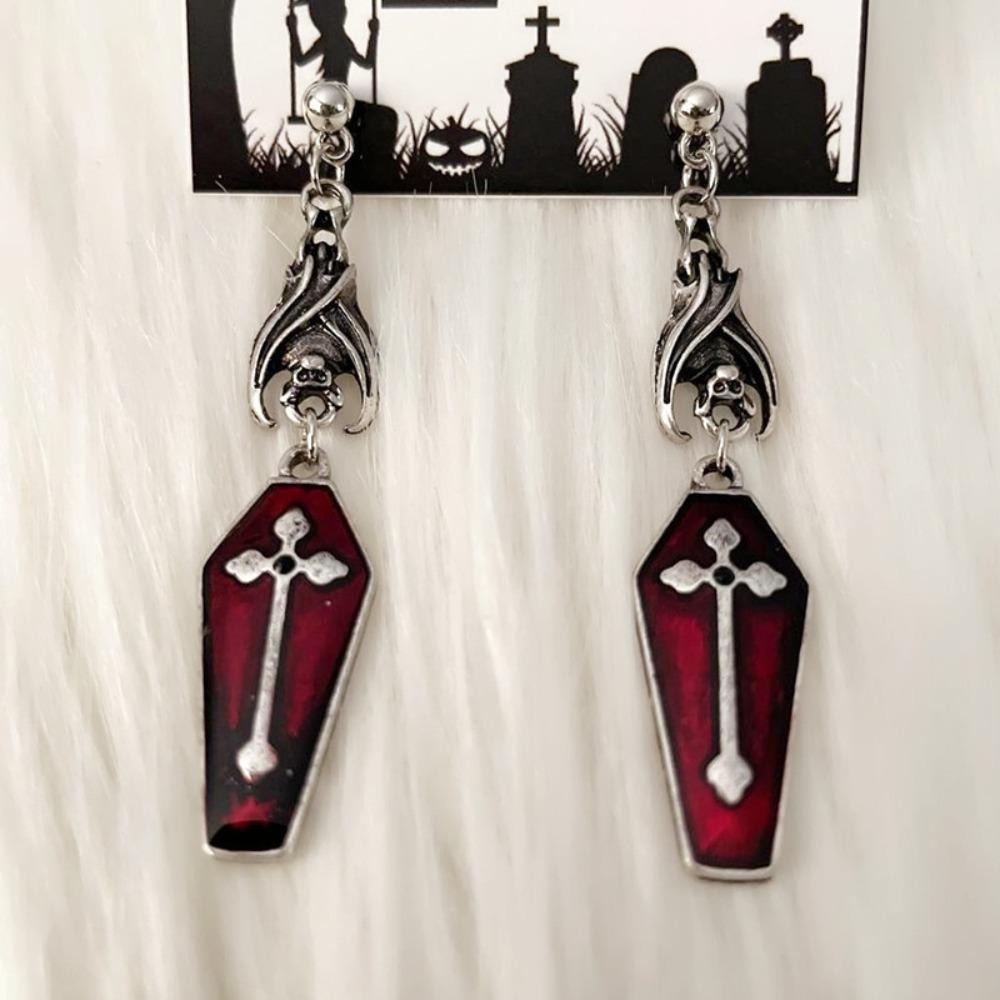 Gothic Sliver Color Vampire Bat Cross Red Drip Glaze Coffin Dangle Earrings for Men Women Halloween Party Jewelry Accessories