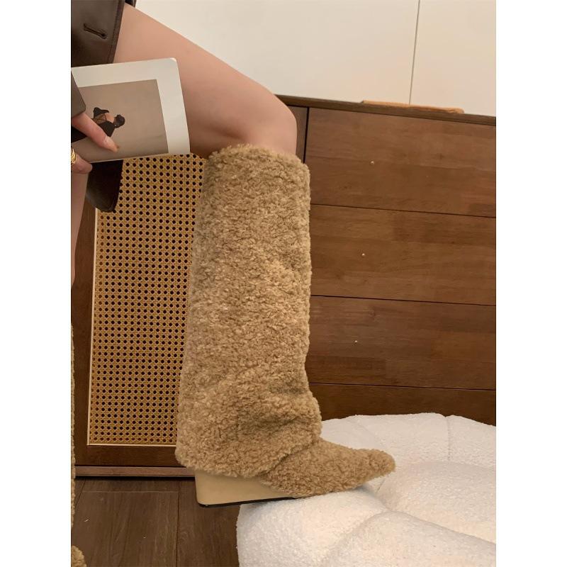 Niche wedge heel plush cotton shoes long boots children's season pointed head medium tube knight boots
