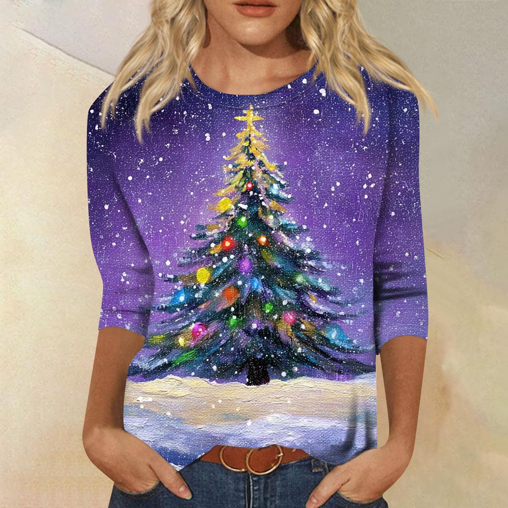 Women's Fashion Casual Round Neck 3/4 Sleeve Loose Printed T-Shirt Ladies Top
