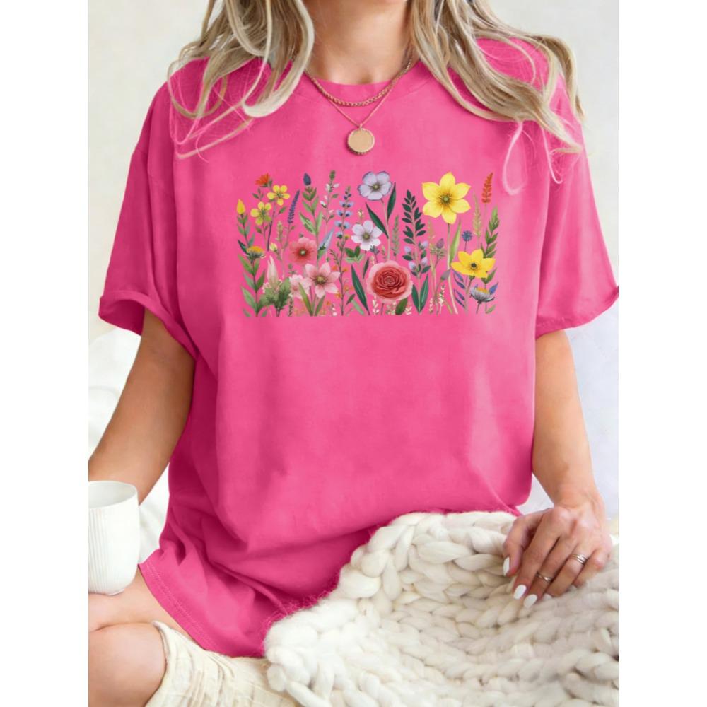 Rich Colors Simple Flowers Pattern Womens T Shirts Loose Cotton T-Shirt Summer O-Neck Short Sleeve Breathable Casual