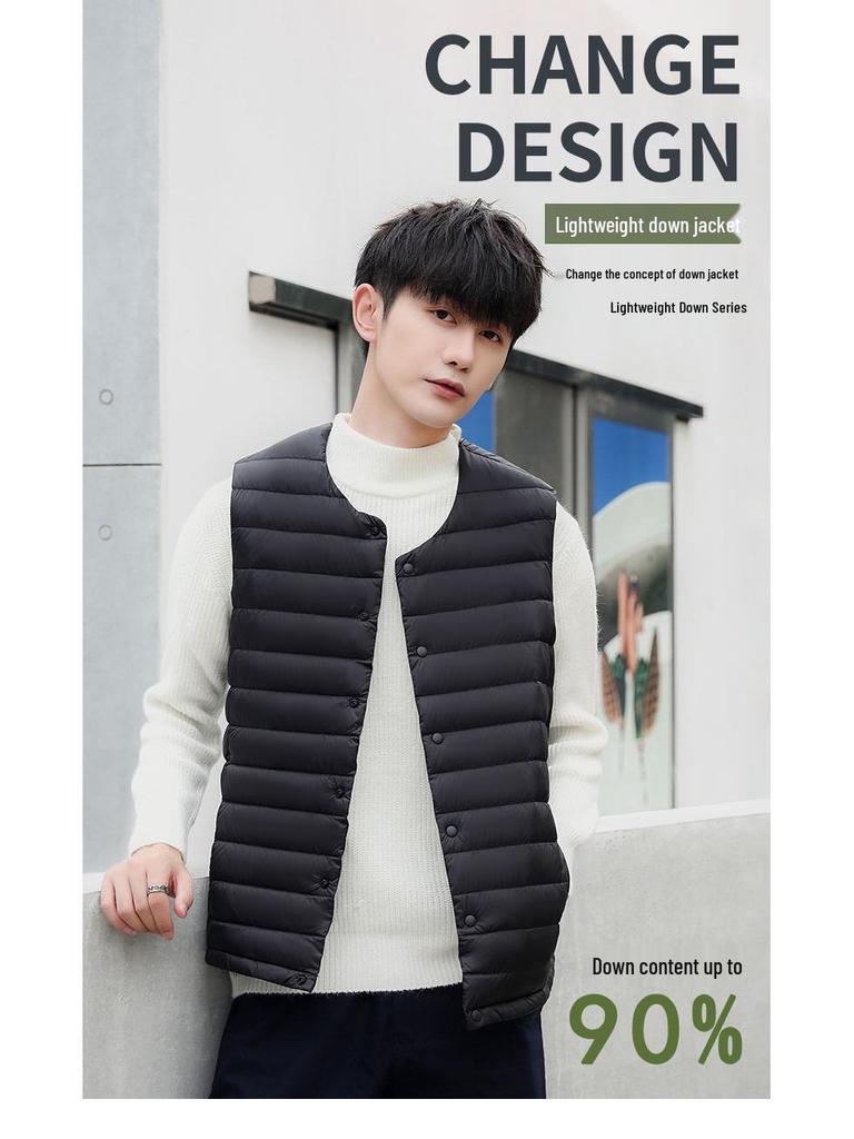 Men's Lightweight Sleeveless Down Vest - Warm 90% White Duck Down, Round Neck/V-Neck, Two-Way.