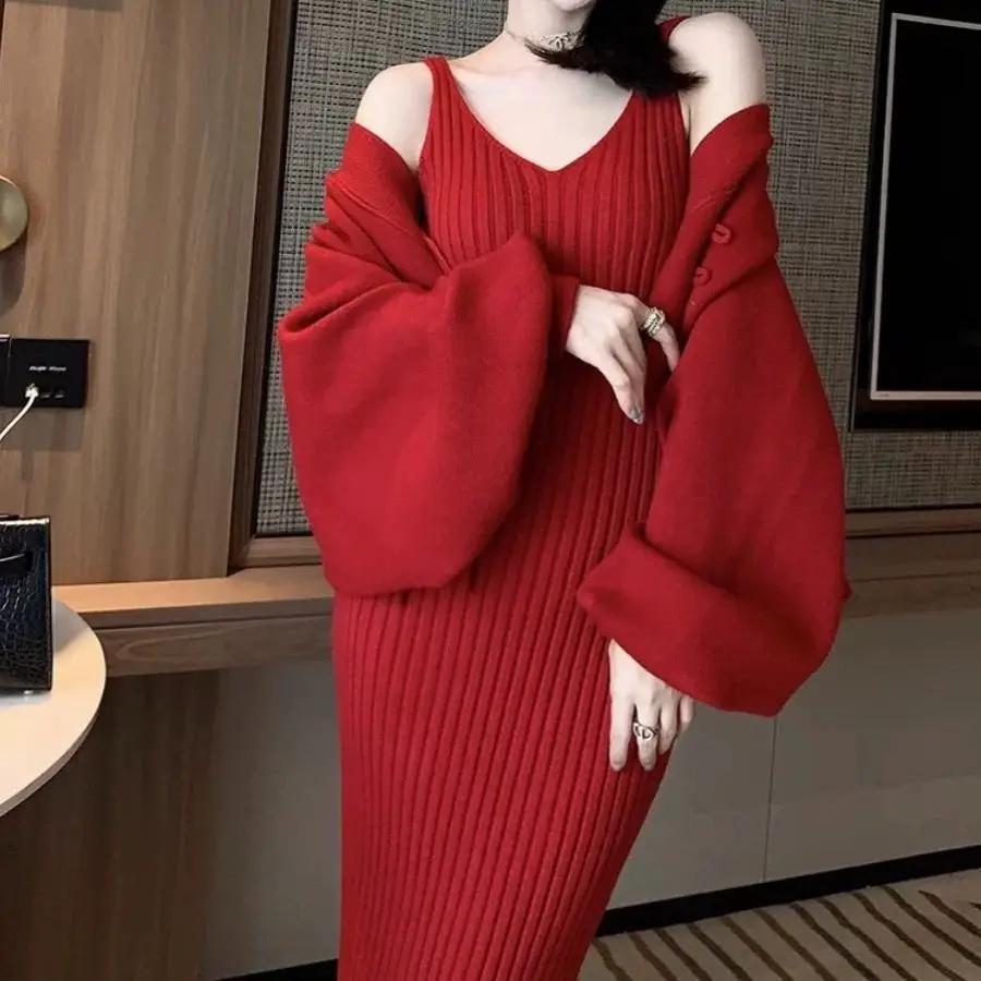 Solid Color Knitwear Set Lace Up Chinese Knitted Cardigan Women Sweater Coat Camisole Dress Two Piece Set Women Outfits