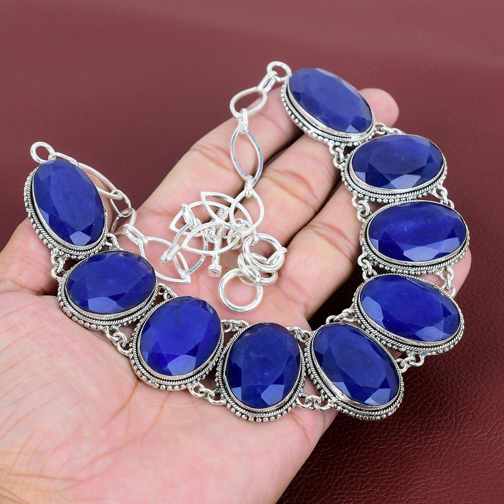 Faceted Blue Sapphire Necklace Gemstone Jewelry Vintage Necklace 925 Sterling Silver Adjustable Chain Necklace Handmade Necklace For Mother