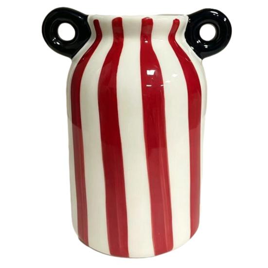 Ceramic Striped Flower Vase with Dual Handles, Hand Painted Small Decorative Vase for Flower, Pampas Grass, Wide Mouth Bud Vase красный