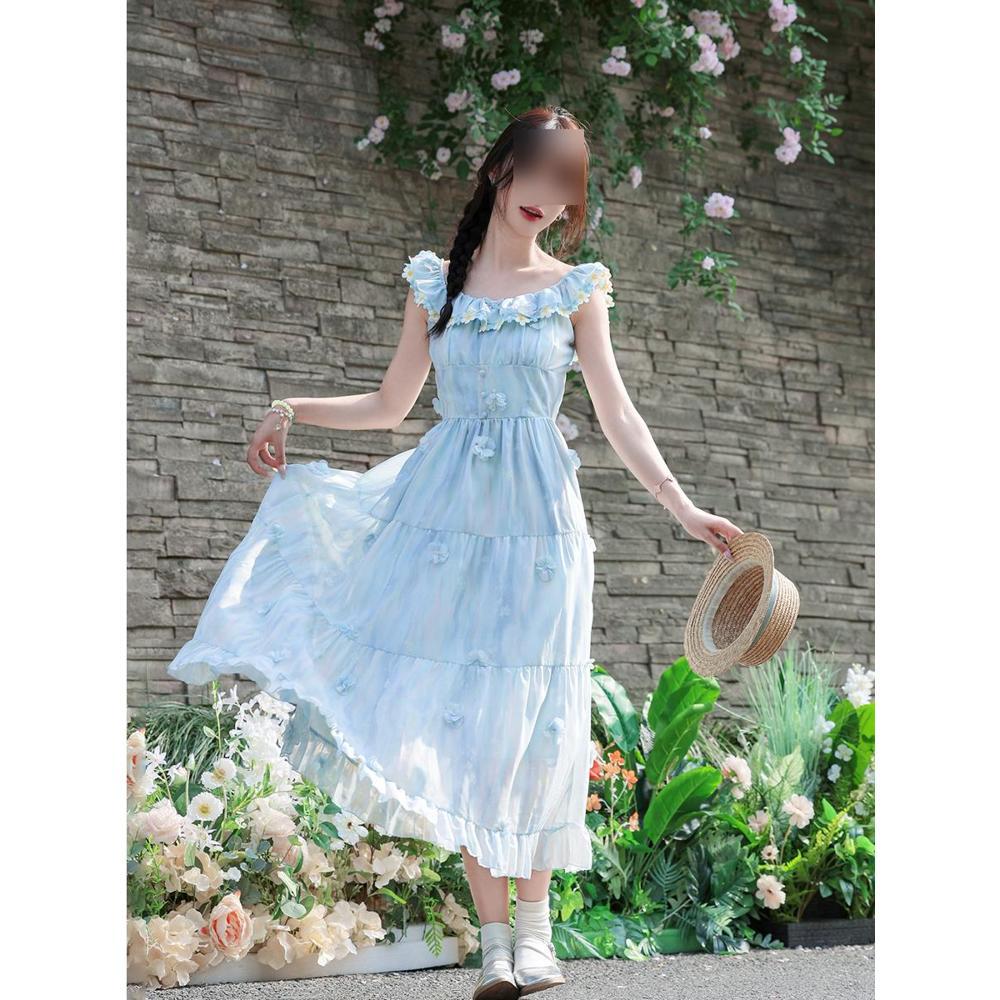Sweet blue women's casual three-dimensional flower small flying sleeve suspender dress summer vacation style thin dress
