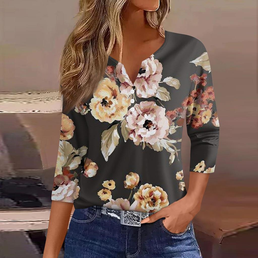 Women's Fashion Casual Floral Print V-Neck Decorative Button Three-quarter Sleeve T-Shirt Top