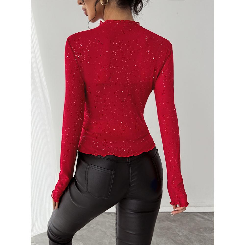 Women Long Sleeve Mesh Top Going Out See Through Tops Casual Mock Neck Slim Fit Solid Shirts