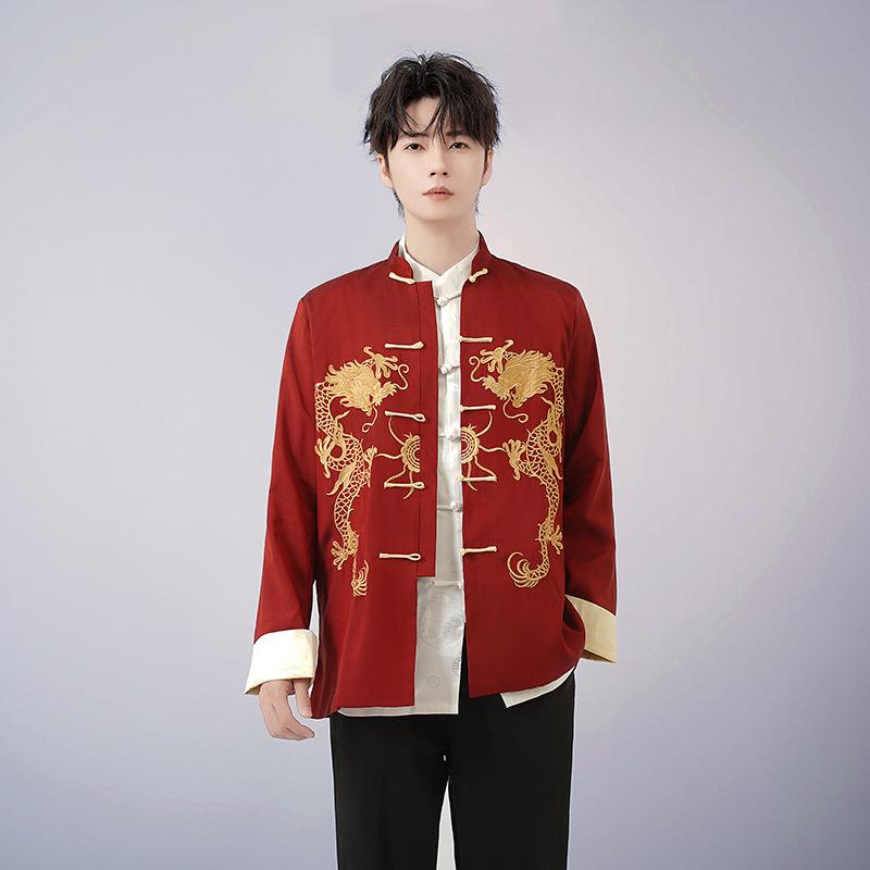 Spring and Autumn Men Embroidered Tops Chinese Traditional Phoenix Printed Clothes Dragon Tang Suit Clothing Long Sleeve Festival New Year Jacket