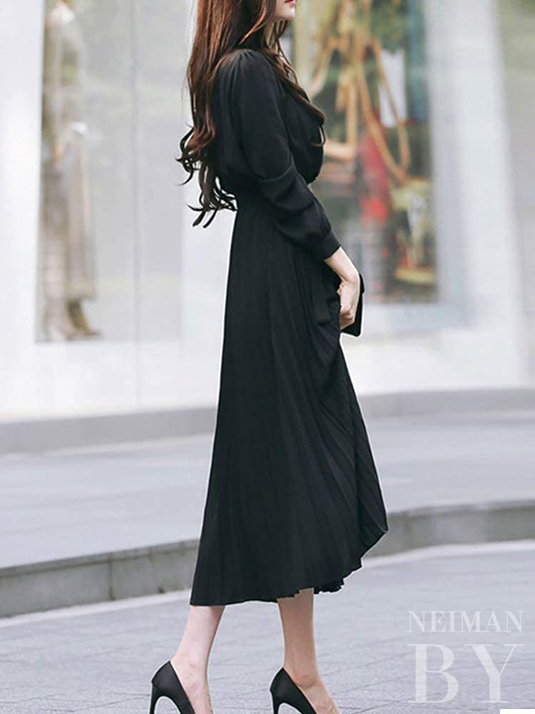 Neiman by Pleated Solid Long Long Round Dress, Color, Length, Sleeves, Adult, Collared, Neck, Figure-Flattering, Button-Down, Soft, Stylish, Cute,