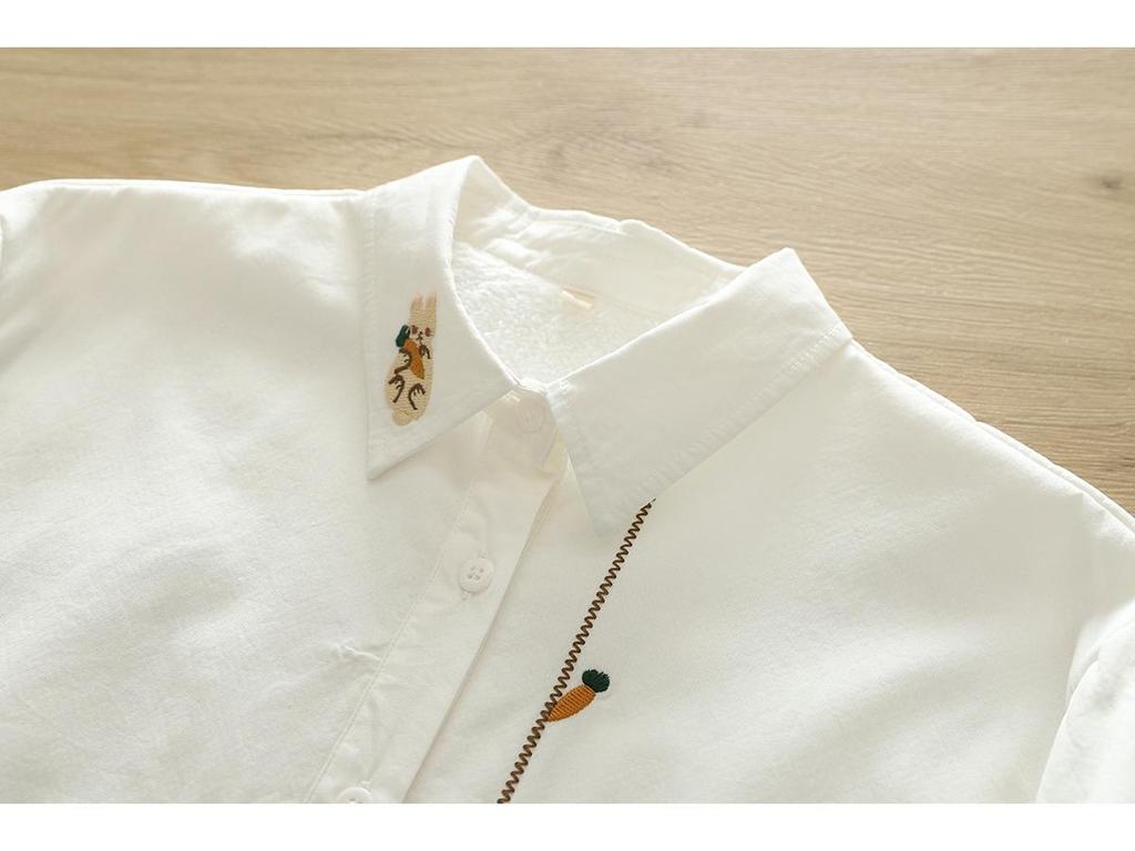 Women's Pure Cotton Flannel Long-Sleeve Shirt with Rabbit Embroidery - Warm, Thickened, Autumn/Winter Design