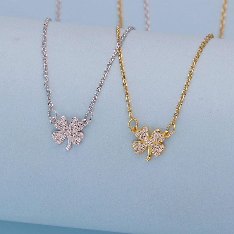 

S925 Sterling Silver Four-Leaf Clover Necklace with Full Diamond Pendant - Elegant Korean Fashion Gift for Her 925 Silver