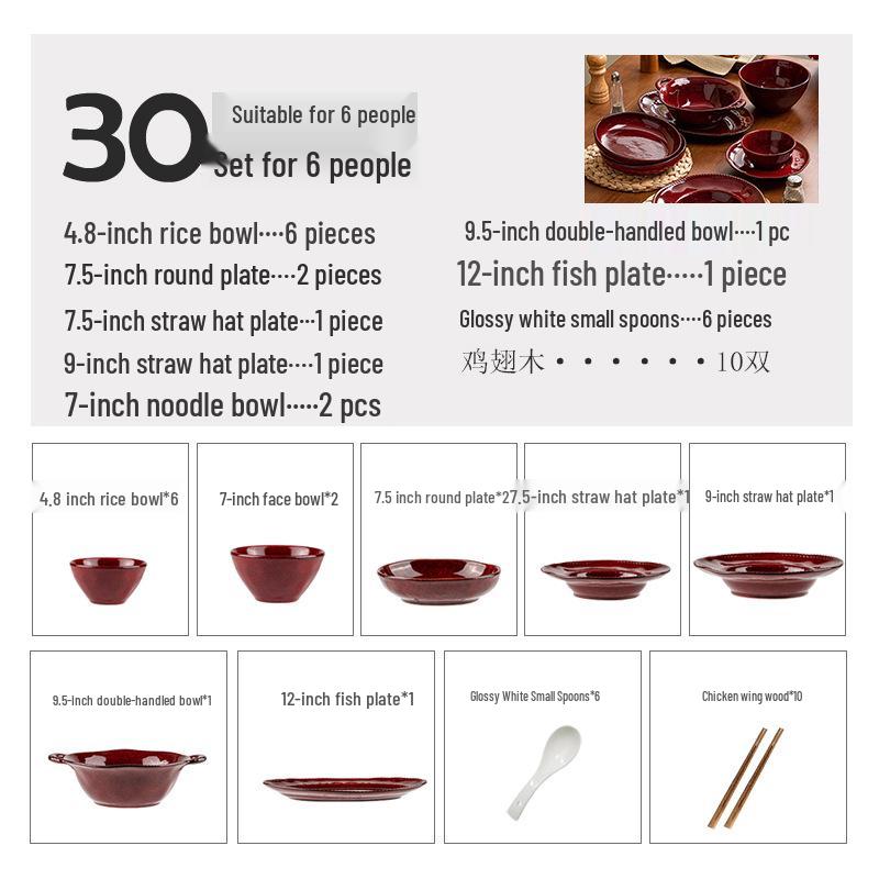 Set di Stoviglie in Ceramica Rossa Cotto in Forno: Ciotole, Piatti e Piatti in Stile Retrò con Decorazioni Sottosmalto per Uso Domestico.