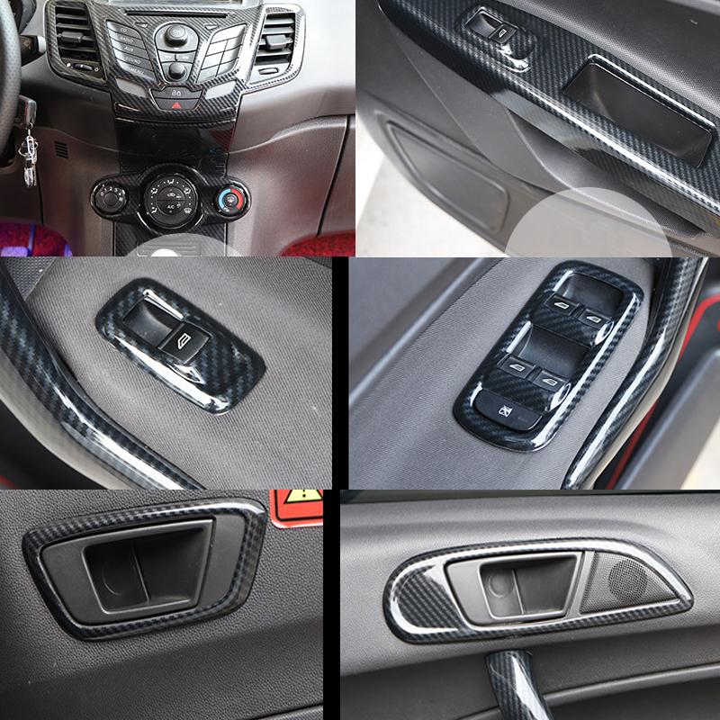 For Ford Fiesta 2009-2013 Carbon Fiber Gear Shift Panel Door Handle Bowl Steering Wheel Multimedia Knob Trim Sticker