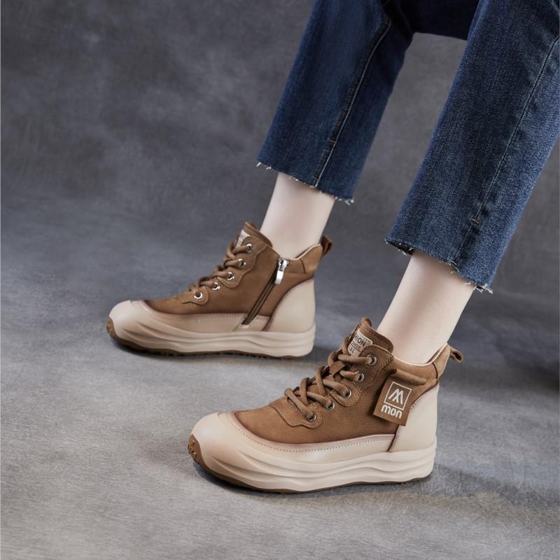 Johnature Echtes Leder Dicksohlige Retro Stiefeletten mit seitlichem Reißverschluss Lässige Schnürschuhe Damen Flache Plateau Schuhe