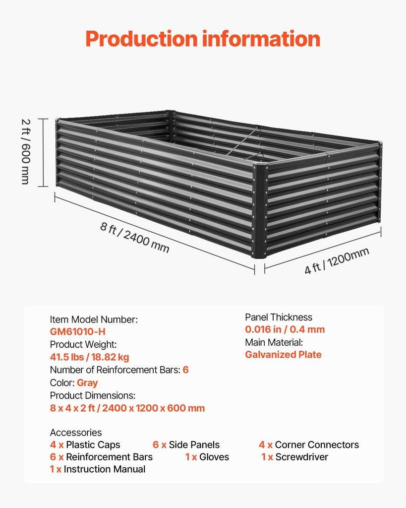 Metal Raised Garden Bed, 2.4 X 1.2 X 0.6 M Outdoor Galvanized Planter Garden Box, Open Bottom Design, Large Planter Raised Bed for Growing Vegetables,
