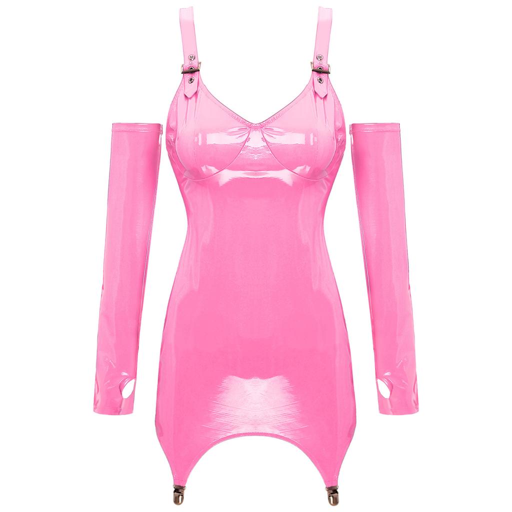 Women's Sleeveless Bodycon Tank Dress PU Leather Hollow Out Nightclub Raves Mini Dresses with Gloves