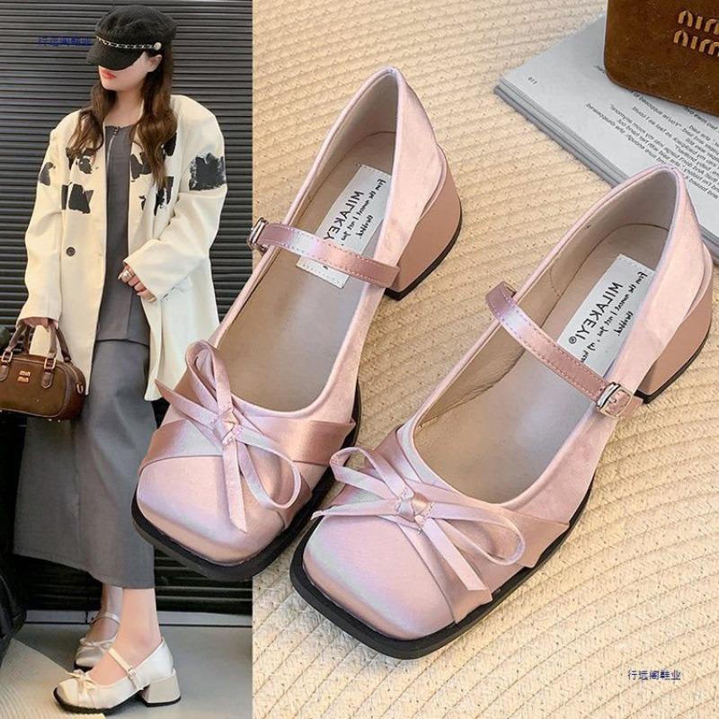 Spring and Summer New Satin Bow Square Head Mary Jane Heels Horseshoe Heel One-word Buckle Single Shoes