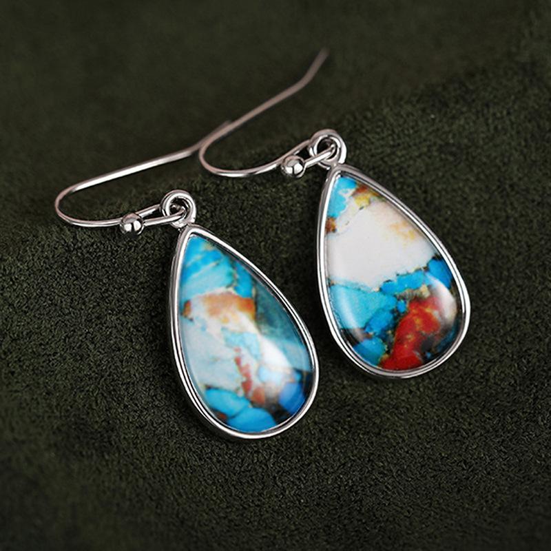 Silver Plated Oyster Turquoise Teardrop Drop Earrings, Natural Stone Boho Earrings for Women