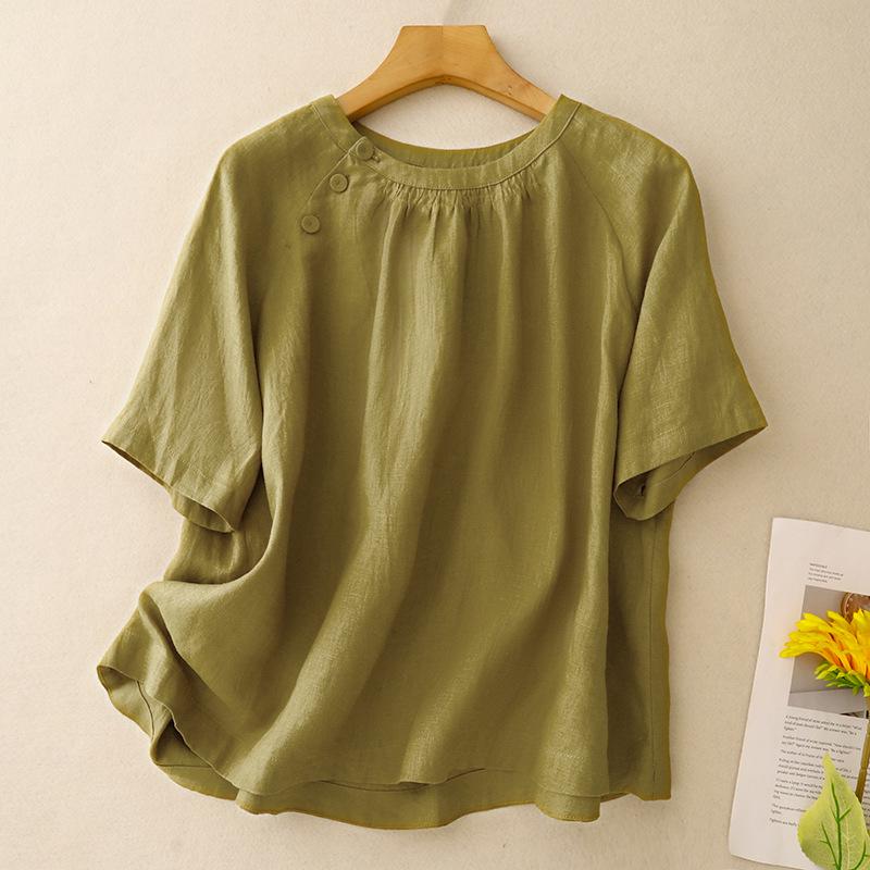 

2026 Summer Linen Pleated Retro Doll Shirt: Versatile, Lightweight, Age-Reducing Short Sleeve Double Extra Large зелёный