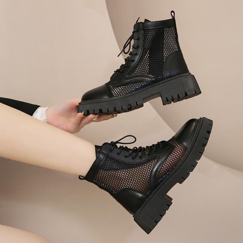 2025 Summer New Round Head Mesh Breathable Lace Up Back Zipper Versatile Cool Boots Thick Sole Comfortable Single Shoe Women