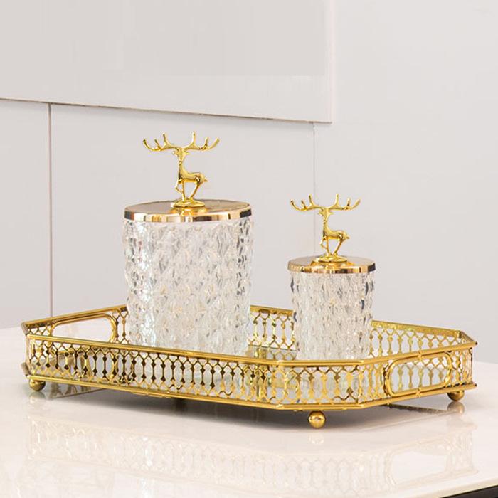 Elegantní skleněná úložná nádoba v severském zlatém provedení na vatové tyčinky a párátka